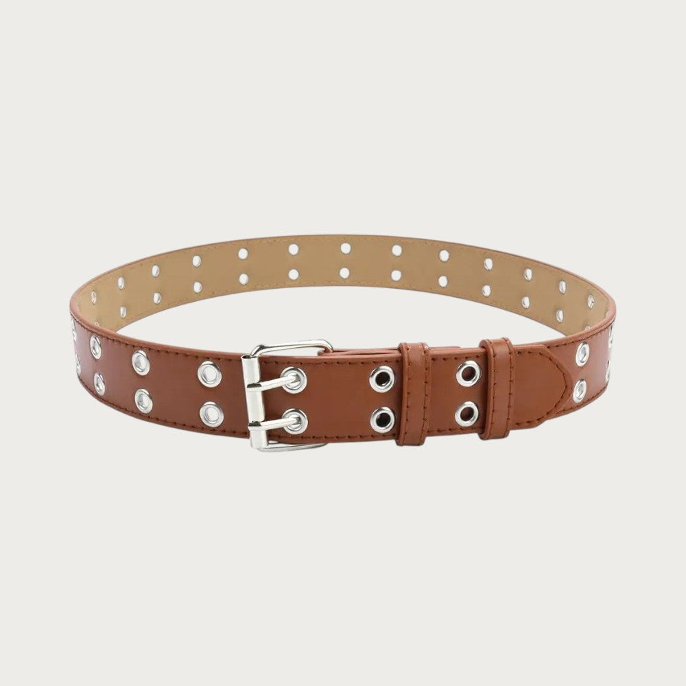 Ceinture punk pour enfant en similicuir marron avec double rangée d'œillets métalliques et boucle ardillon argentée Image