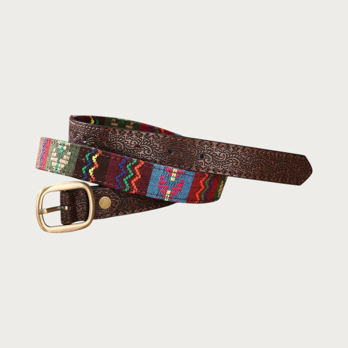 Ceinture ethnique Ceintura pour femme en cuir PU marron gravé avec détails tissés multicolores et boucle dorée