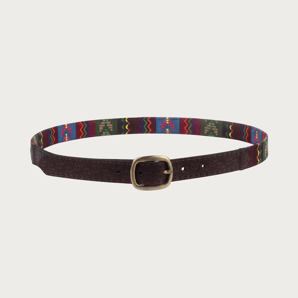 Ceinture ethnique Ceintura pour femme avec sangle tissée multicolore et extrémité en cuir marron gravé à boucle dorée