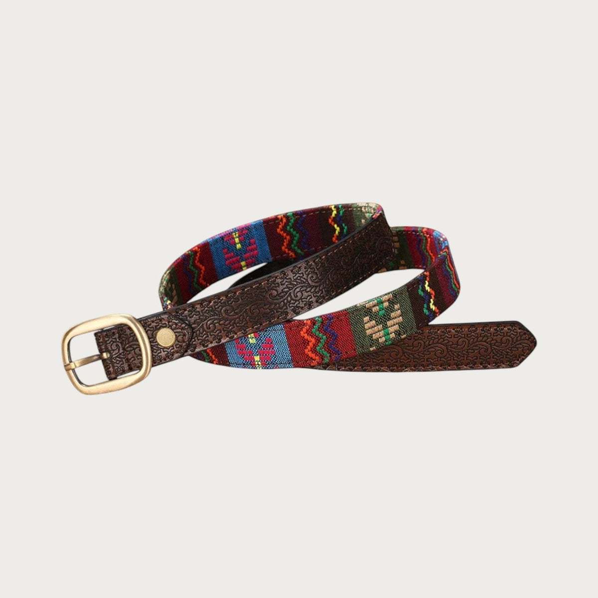 Ceinture Ceintura pour femme avec motif ethnique tissé multicolore et détails en cuir PU marron gravé