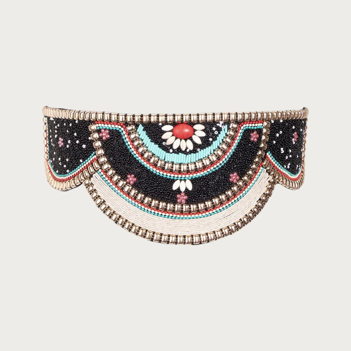 Ceinture ethnique Ceintura pour femme en maille noire avec motifs géométriques perlés multicolores et détails dorés