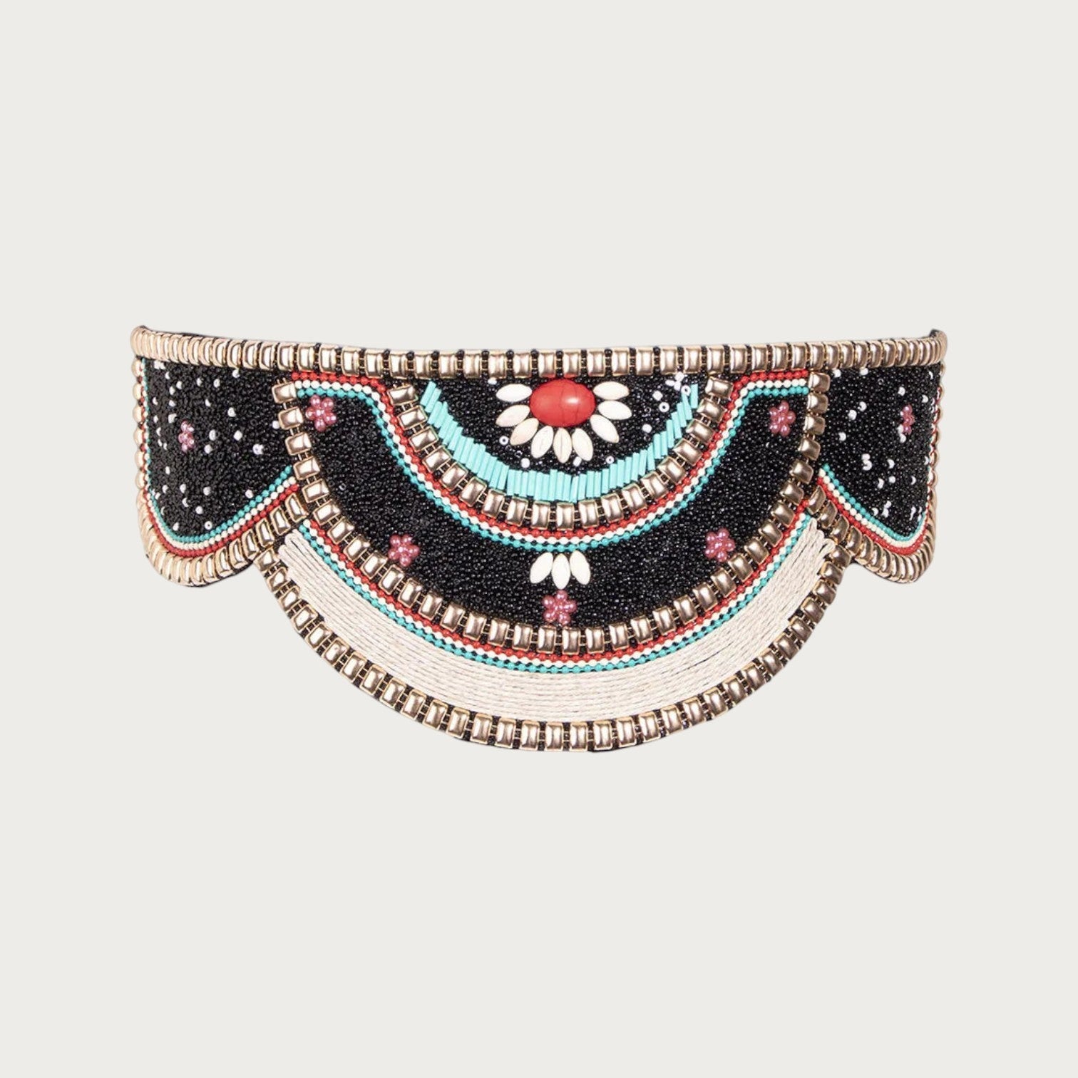 Ceinture ethnique Ceintura pour femme en maille noire avec motifs géométriques perlés multicolores et détails dorés Image