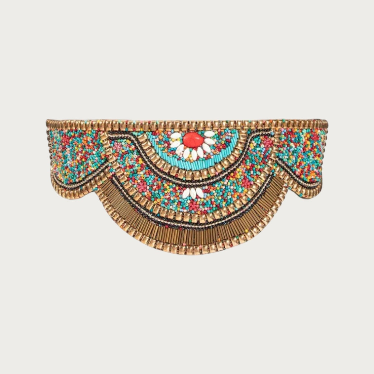 Ceinture ethnique Ceintura pour femme avec perles multicolores et motif géométrique sur fond tricoté