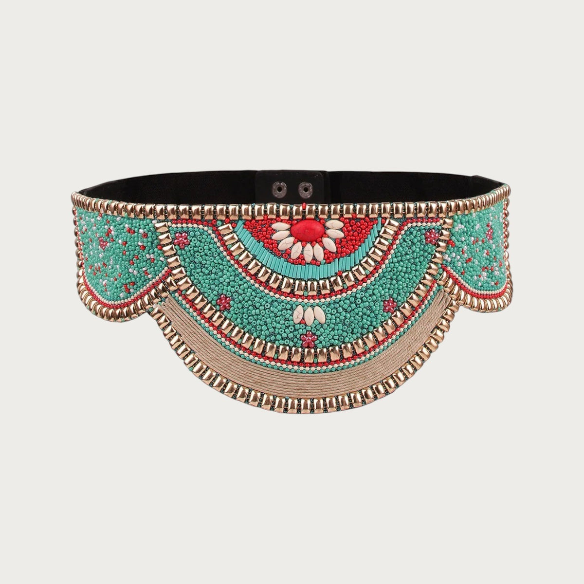 Ceinture ethnique Ceintura pour femme avec perles colorées, motif géométrique et détails tressés sur fond noir