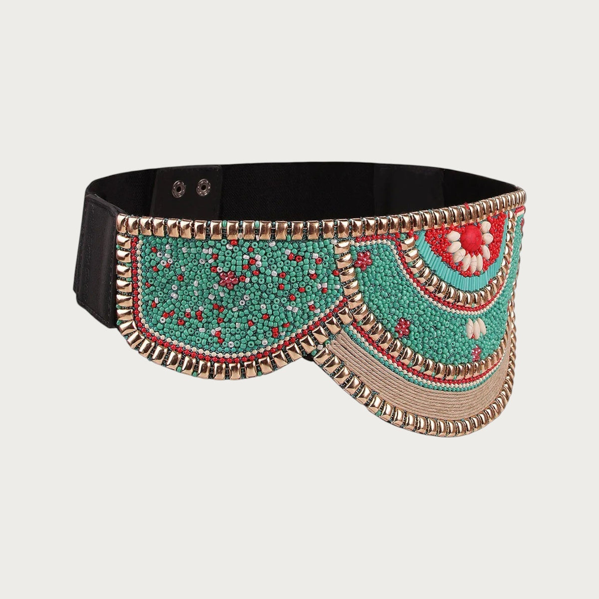 Ceinture ethnique Ceintura pour femme avec perles colorées, motifs géométriques et détails dorés sur fond noir