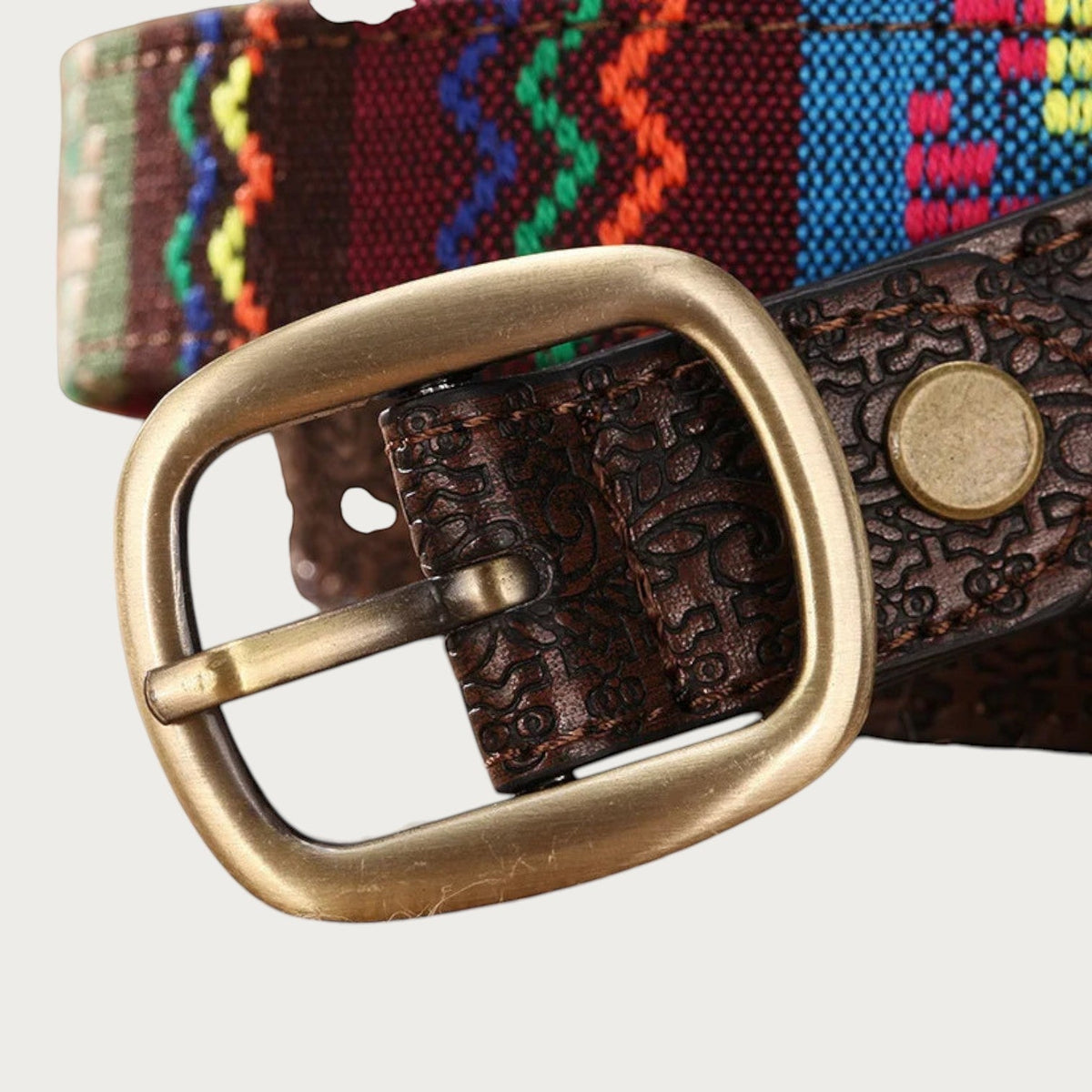 Ceinture ethnique Ceintura tissée multicolore avec boucle en métal vieilli et détails en similicuir texturé
