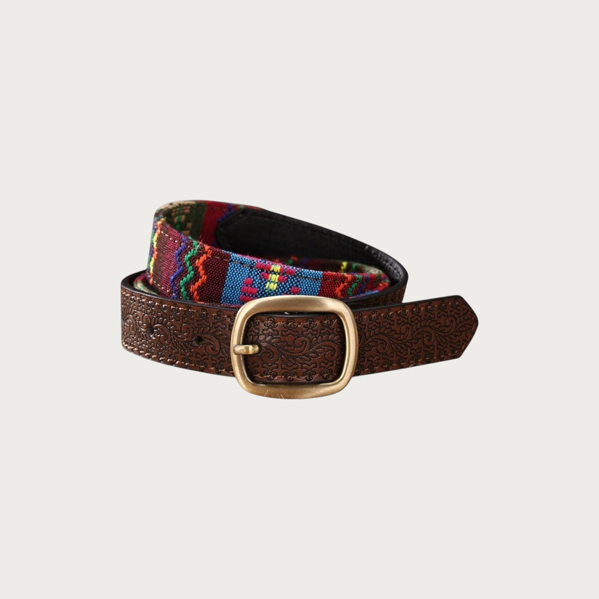 Ceinture ethnique Ceintura Speranza enroulée, tissage multicolore et extrémité en similicuir marron gravé