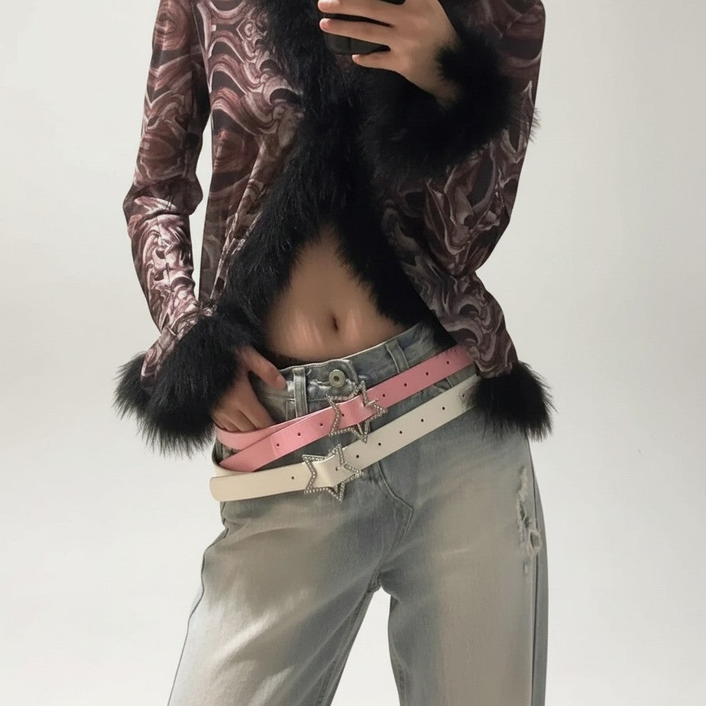 Ceintura ceinture en similicuir rose et blanche avec boucle en forme d'étoile ornée de strass style Y2K
