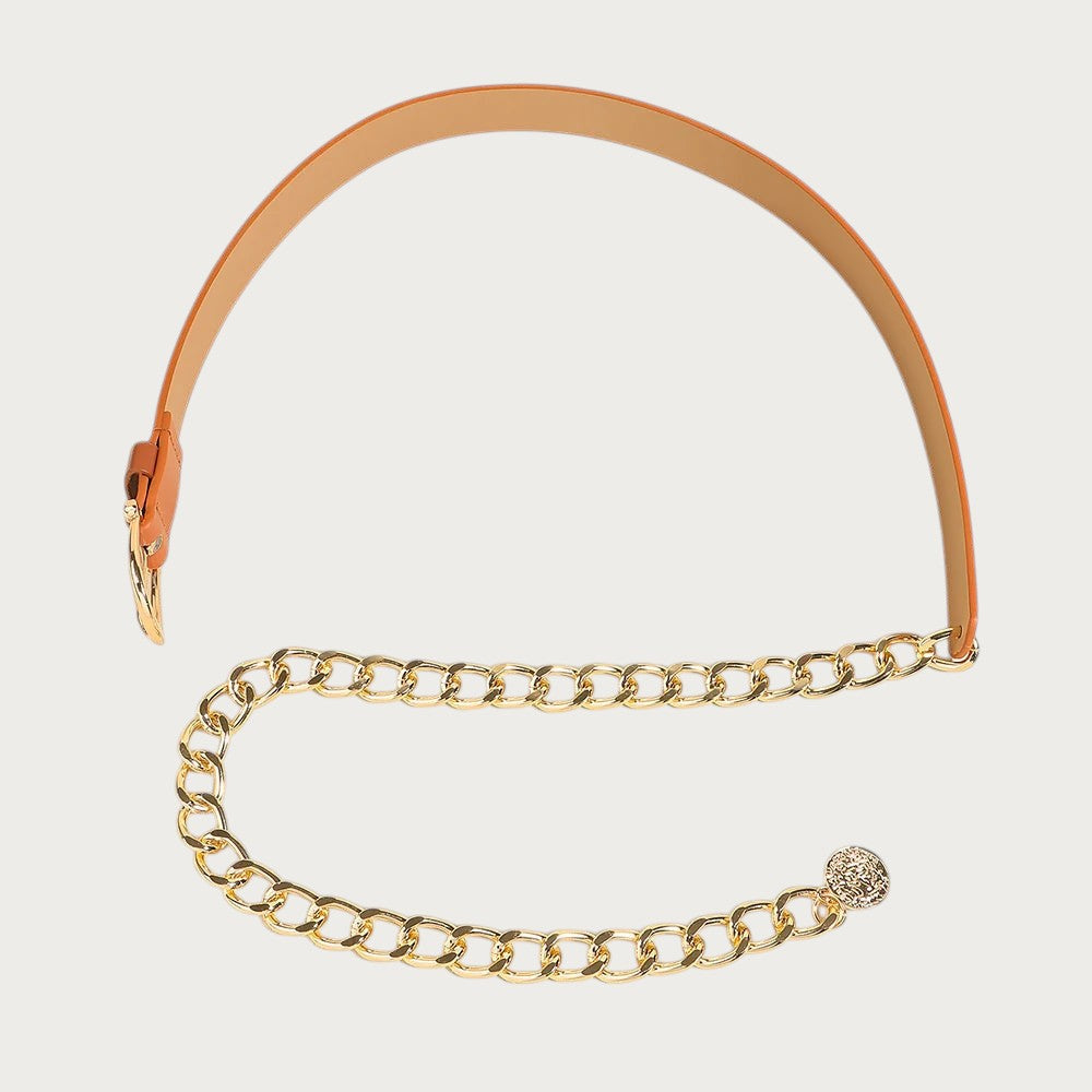 Ceintura ceinture femme élégante combinant similicuir camel et chaîne dorée à maillons avec boucle métallique