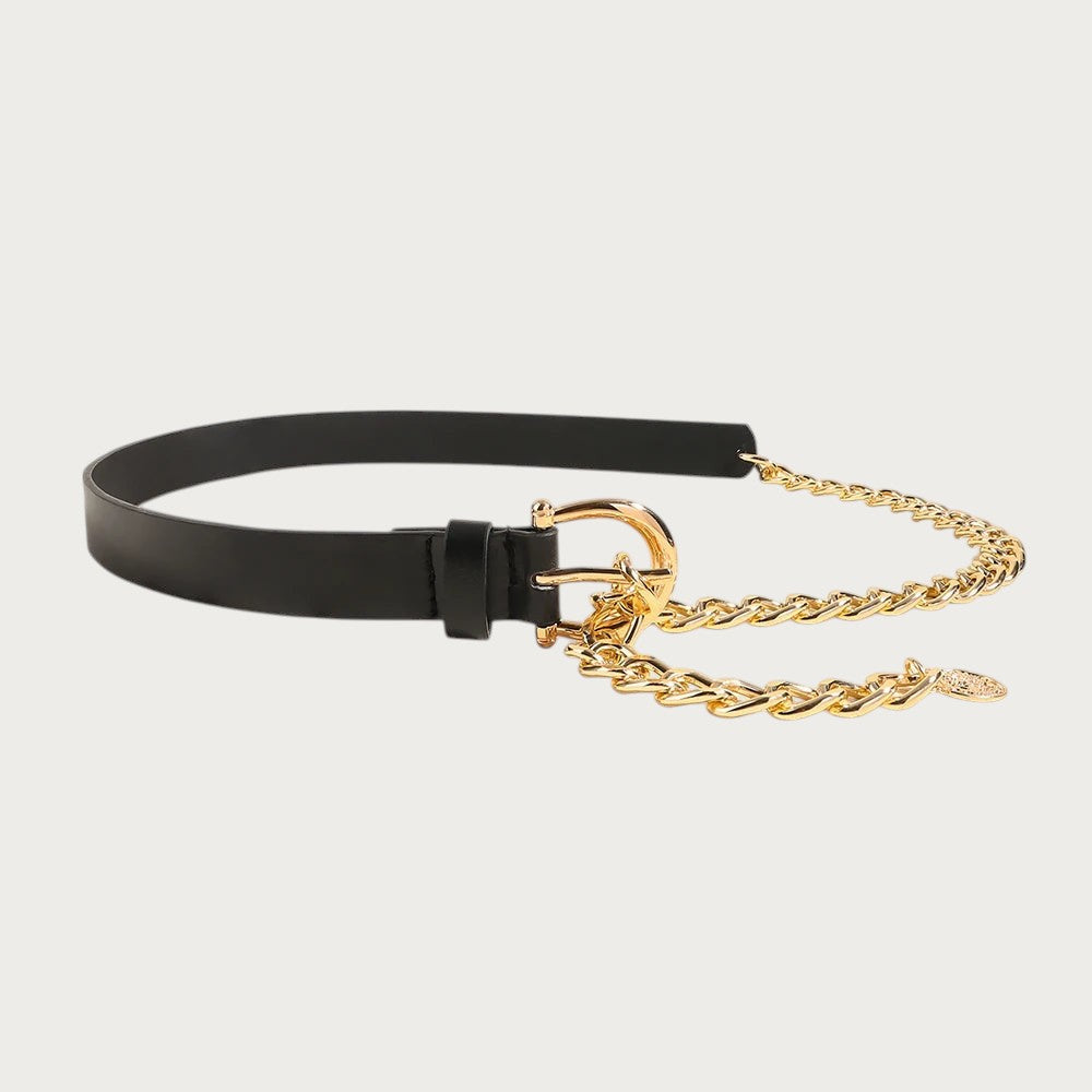 Ceintura ceinture femme noire en similicuir avec détails de chaîne dorée et boucle métallique élégante