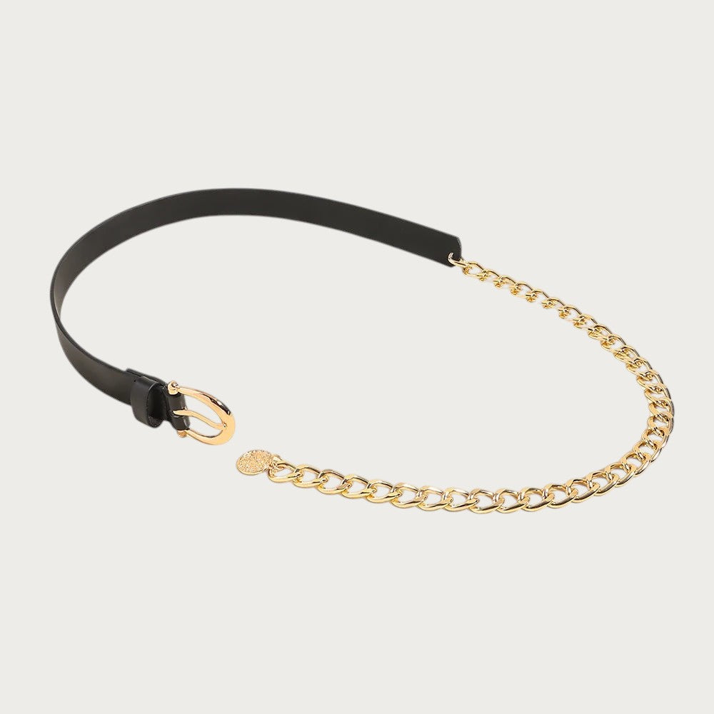 Ceintura ceinture femme élégante combinant similicuir noir et chaîne dorée à maillons avec boucle métallique