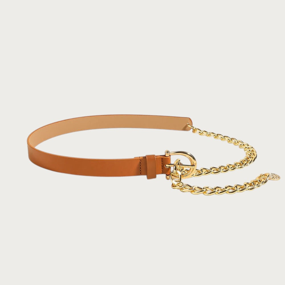 Ceintura ceinture pour femme en similicuir marron et chaîne dorée avec boucle métallique élégante