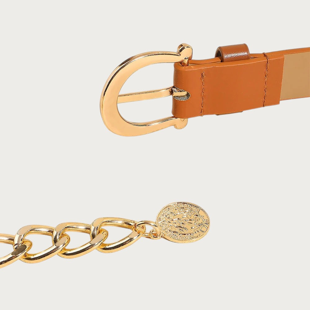 Ceintura ceinture femme en similicuir marron avec boucle dorée et détail de chaîne à maillons avec médaillon