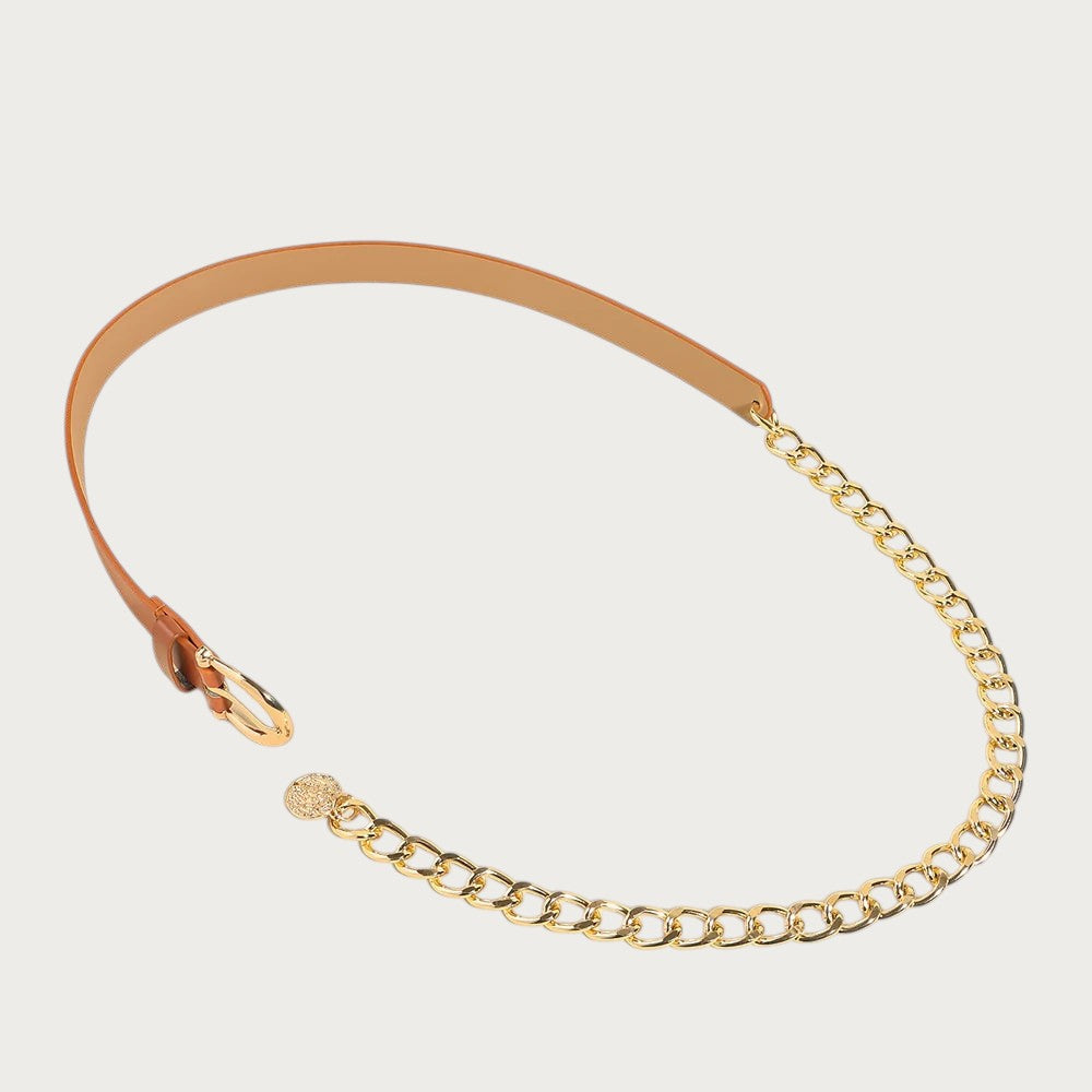 Ceinture Ceintura pour femme en similicuir marron et chaîne dorée à maillons avec boucle métallique élégante