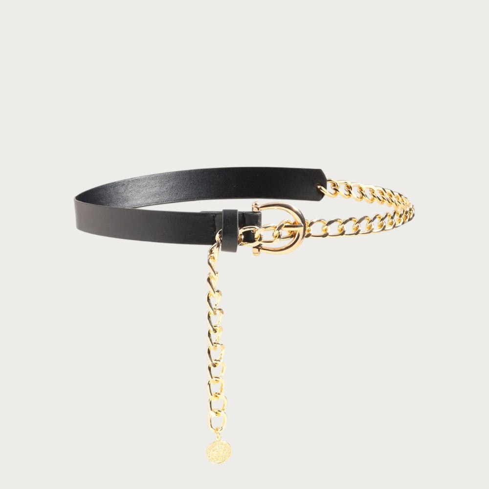 Ceintura ceinture femme en similicuir noir et chaîne dorée avec boucle géométrique élégante Image