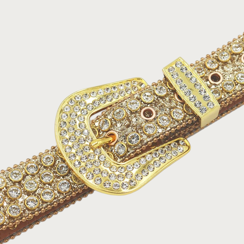 Ceintura ceinture pour femme en similicuir doré ornée de gros strass scintillants avec boucle à ardillon assortie