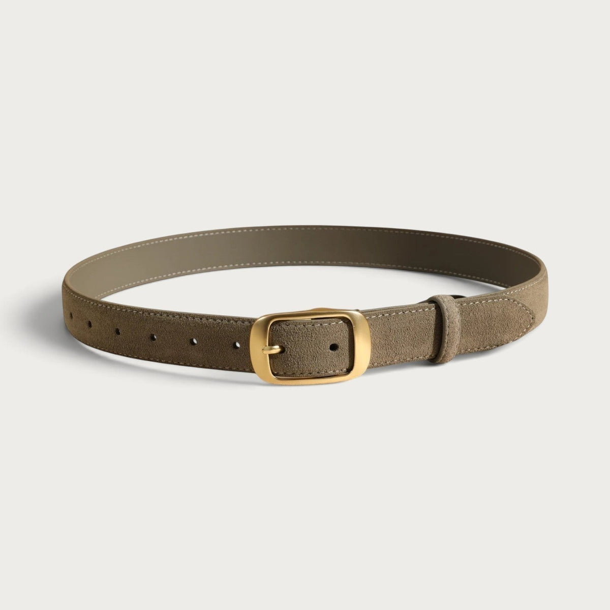 Ceinture femme Ceintura en cuir suédé taupe avec une boucle dorée élégante et des surpiqûres raffinées