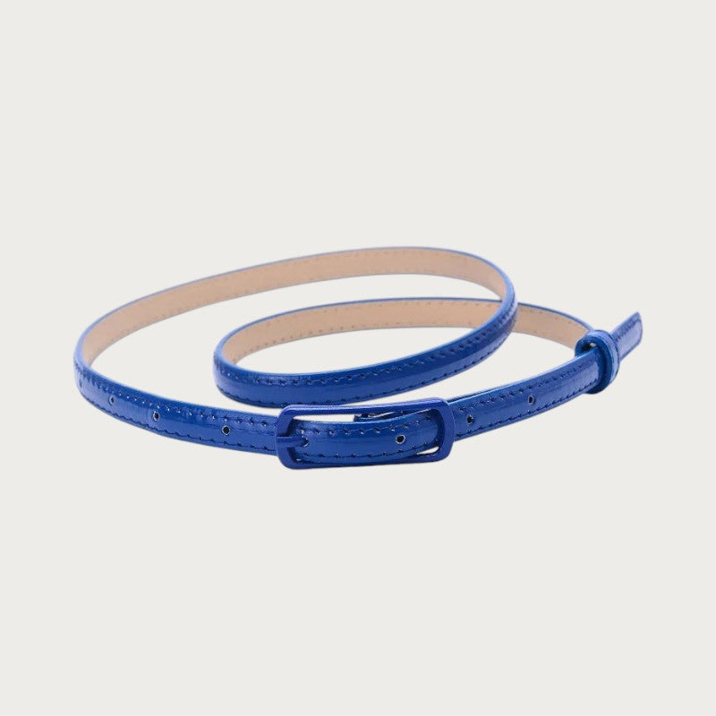 Ceinture fine pour fille en similicuir bleu brillant avec boucle assortie, style décontracté et élégant