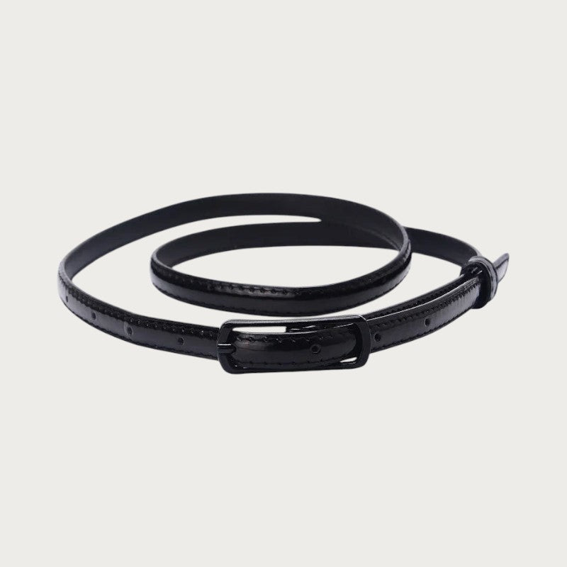 Ceintura ceinture fine pour fille en PU noir brillant avec boucle assortie, style décontracté et minimaliste.