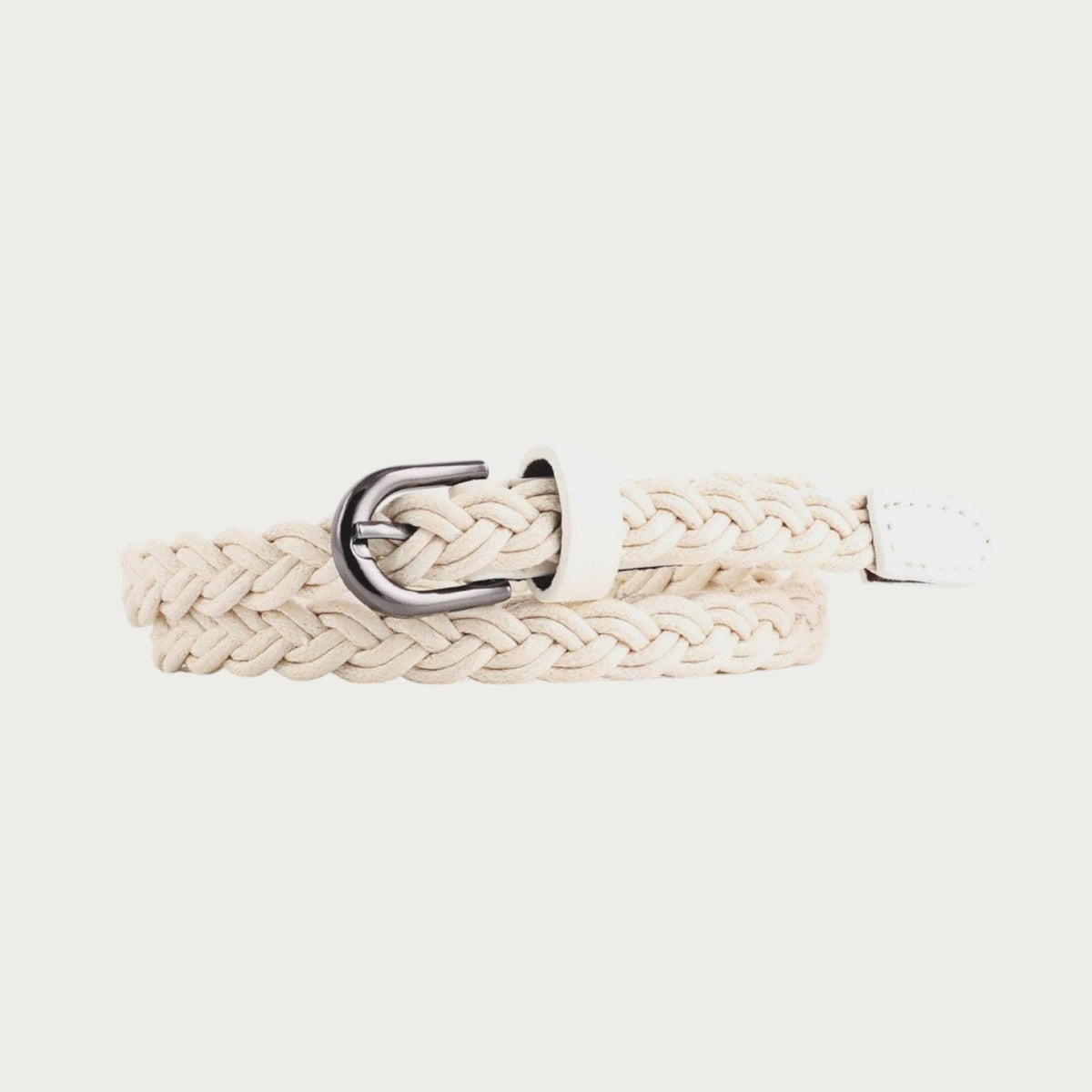 Ceinture fine tressée Ceintura blanche pour femme avec boucle argentée arrondie et détails en cuir