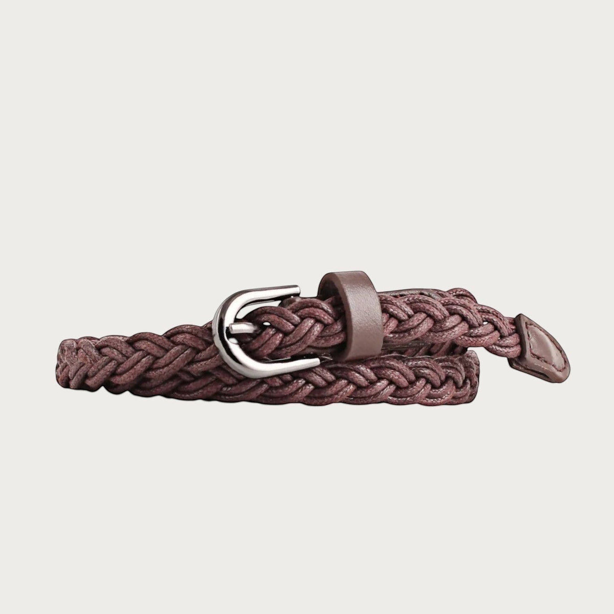 Ceinture fine tressée Ceintura couleur café avec boucle argentée arrondie pour femme