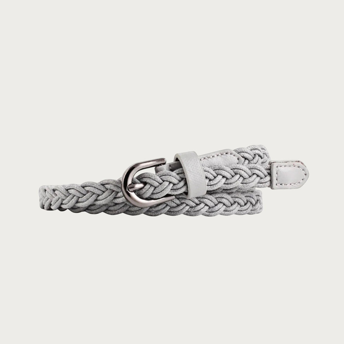 Ceinture fine tressée Ceintura grise pour femme avec boucle argentée arrondie et détails en cuir