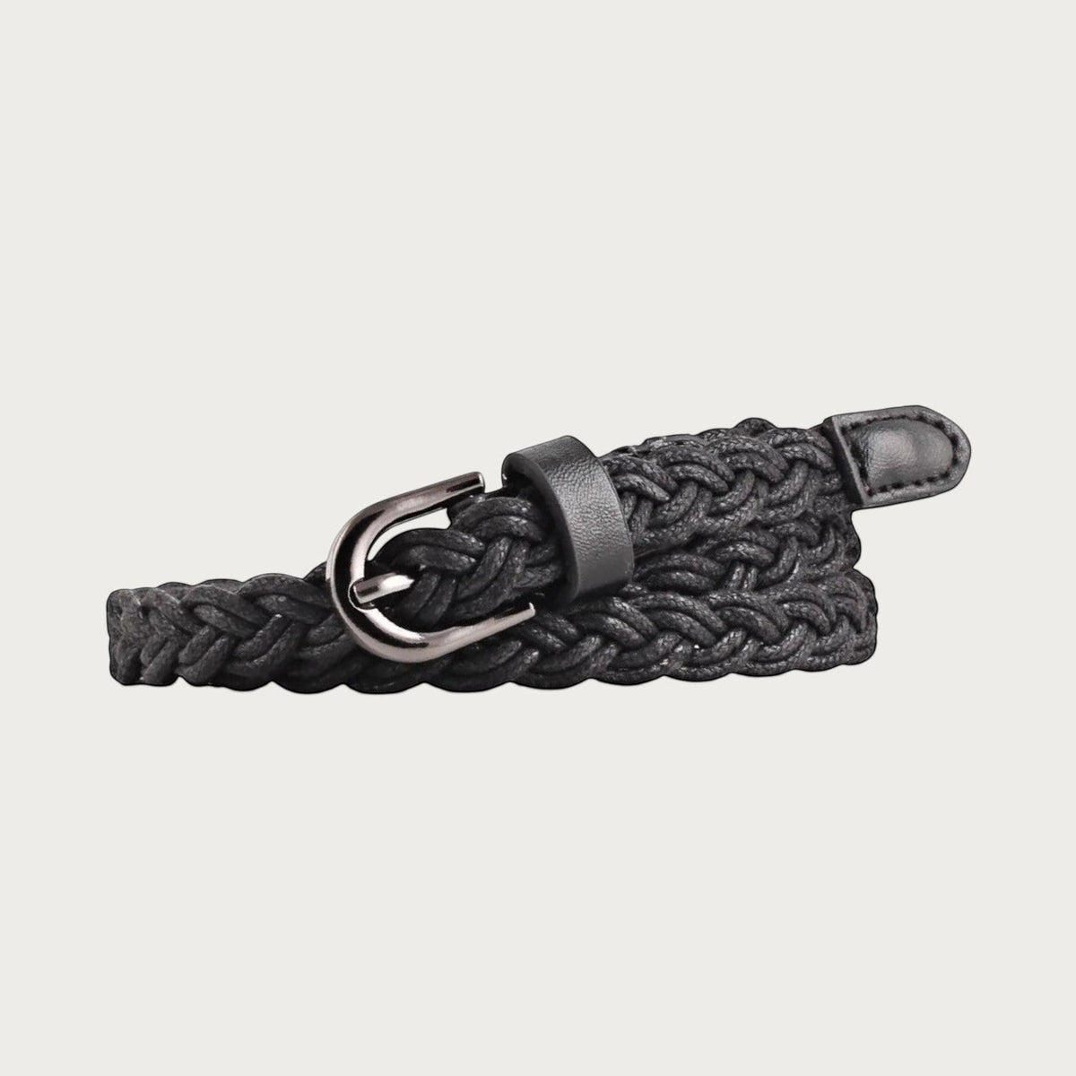 Ceinture fine tressée noire Ceintura avec boucle argentée arrondie pour femme