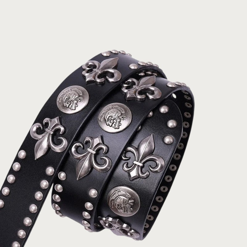 Ceinture Ceintura gothique en cuir noir avec clous, fleurs de lys et médaillons en métal argenté vieilli