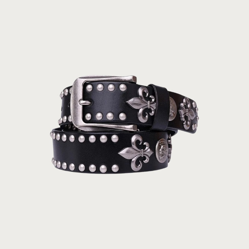 Ceinture gothique Ceintura en cuir noir avec clous, fleurs de lys et médaillons en métal argenté vieilli Image