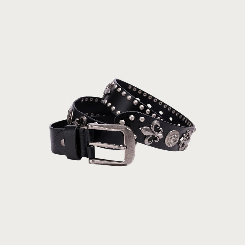 Ceinture Ceintura gothique en cuir noir avec clous, fleurs de lys et médaillons en métal argenté vieilli