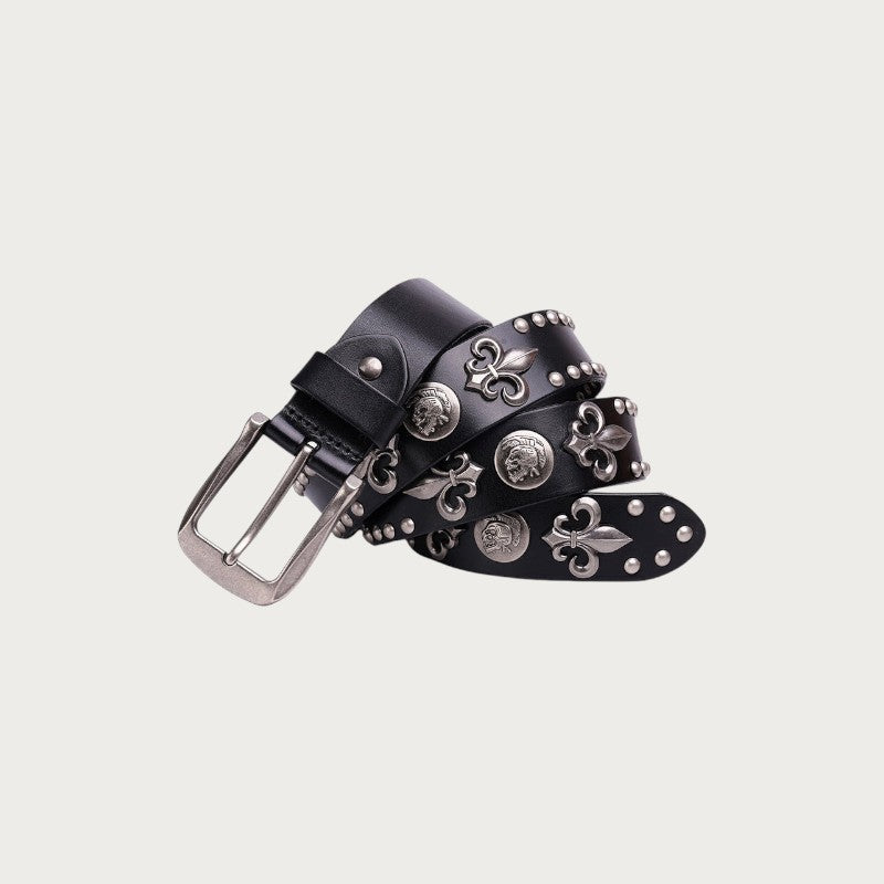 Ceinture Ceintura gothique pour homme en cuir noir avec clous, fleurs de lys et médaillons en métal argenté vieilli
