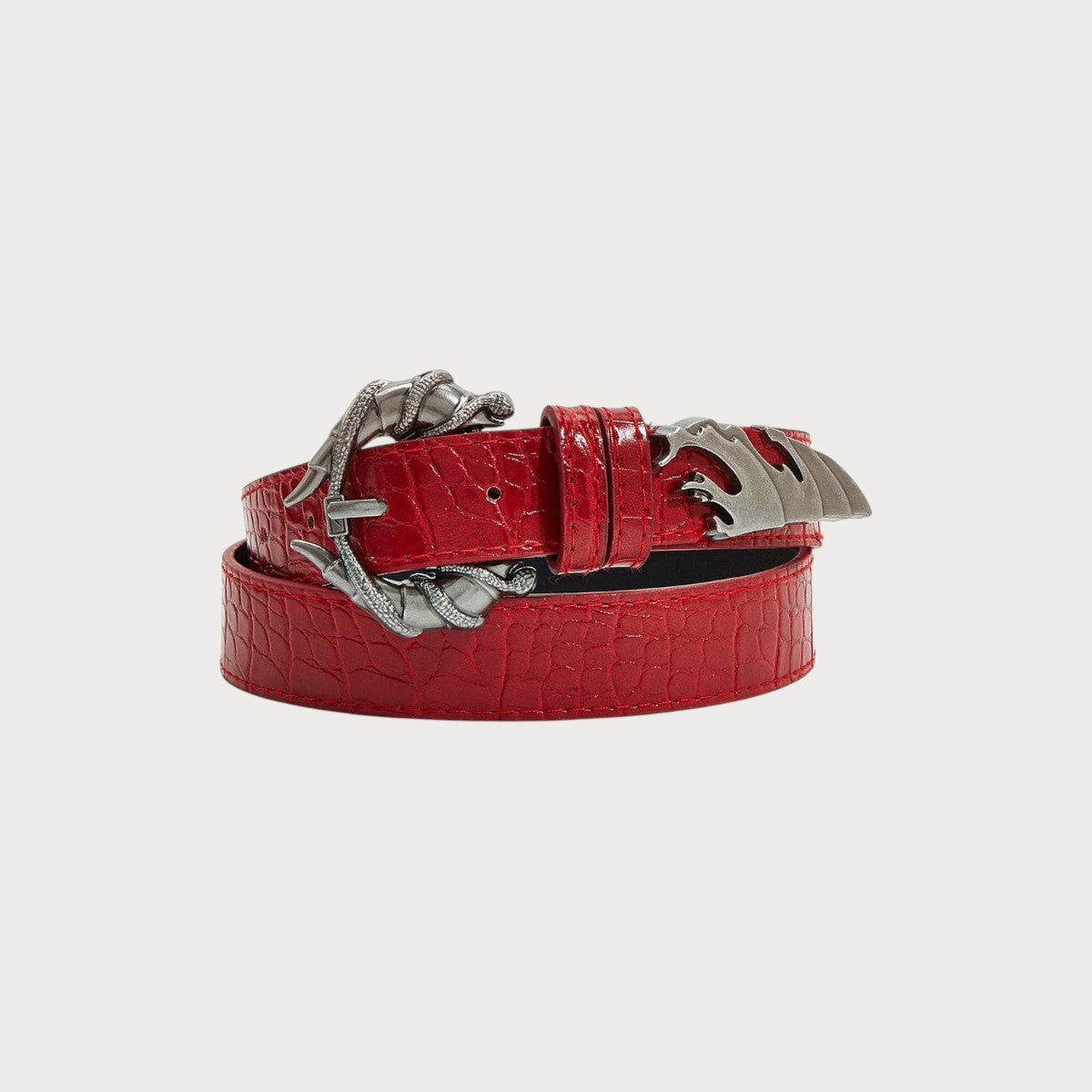 Ceinture gothique homme Ceintura rouge en similicuir effet crocodile avec boucle en métal argenté en forme de serres