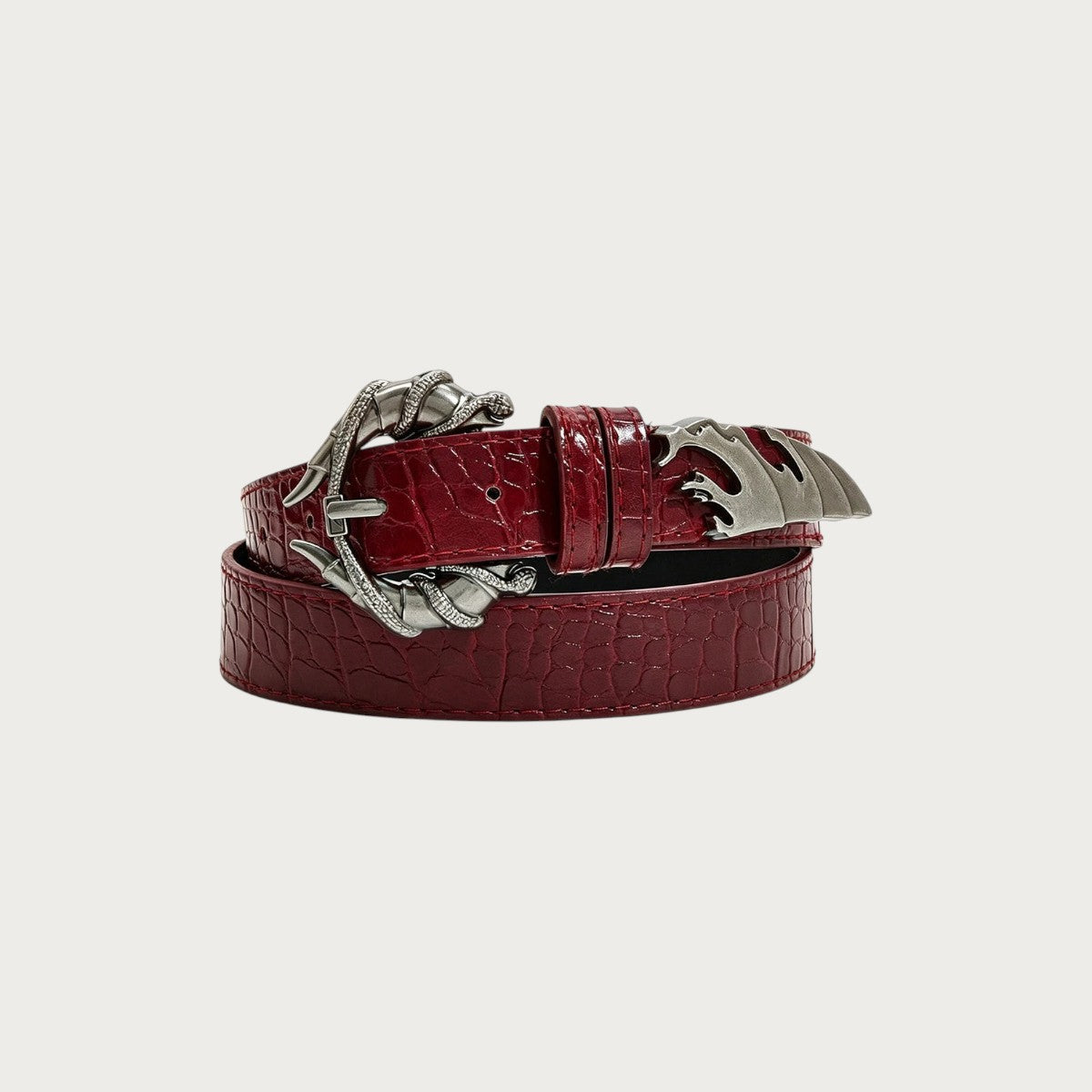 Ceinture gothique Ceintura rouge en similicuir effet crocodile avec boucle en métal argenté vieilli en forme de serres