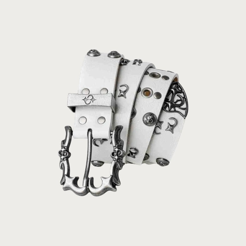 Ceinture Ceintura Imola blanche style grunge en similicuir craquelé avec œillets métalliques et boucle flamme argentée