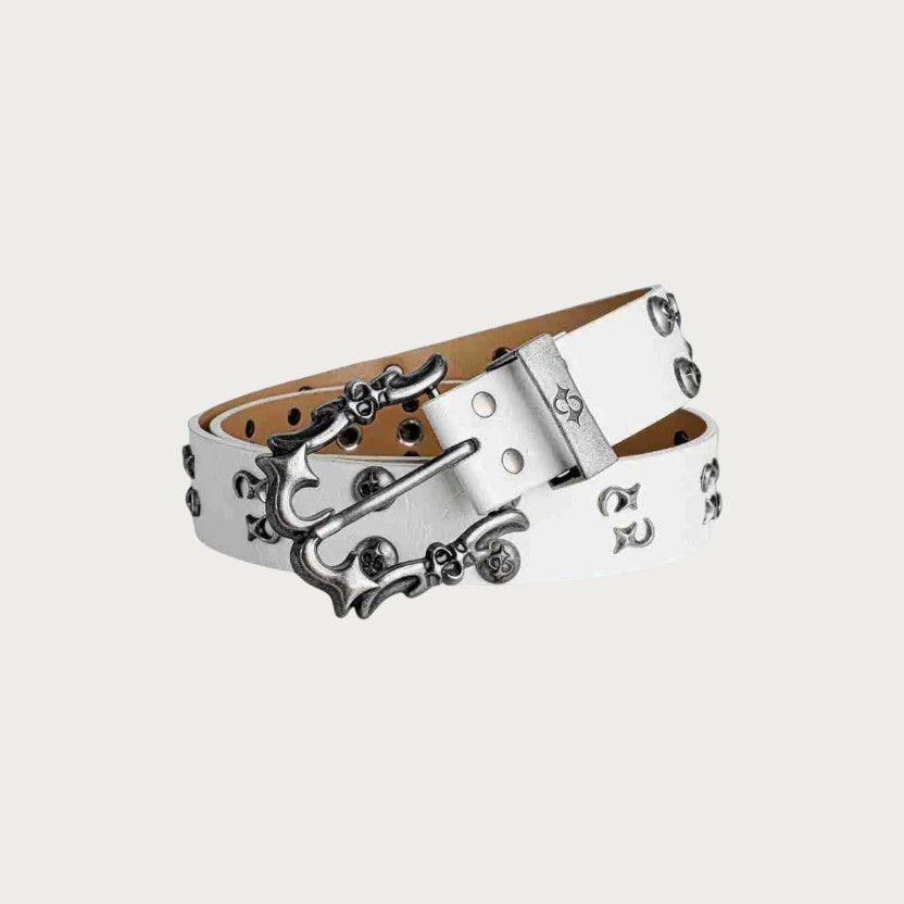 Ceinture Ceintura Imola blanche en similicuir style grunge avec œillets métalliques et boucle flamme argentée vieillie
