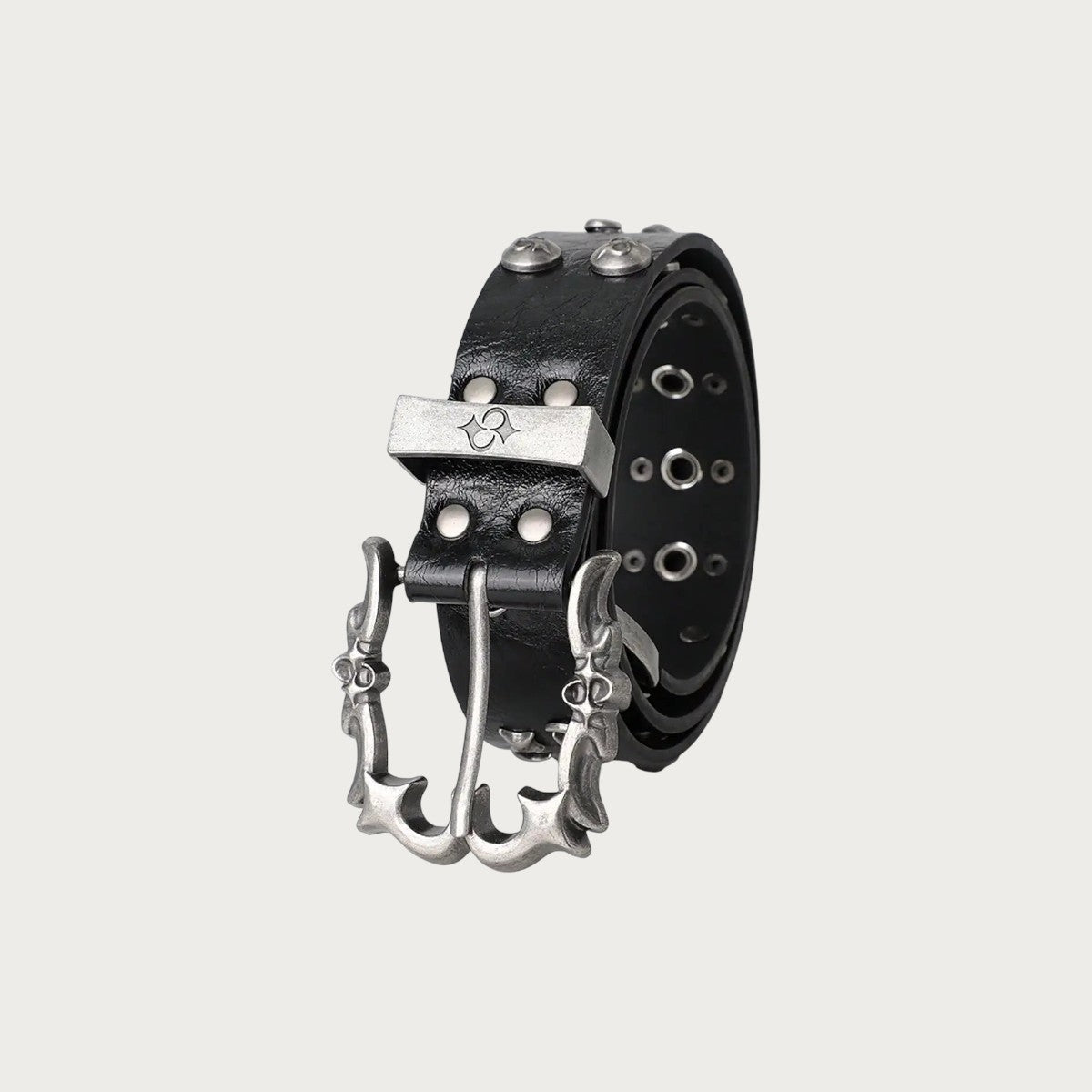 Ceinture Ceintura Imola noire style grunge en similicuir craquelé avec œillets, rivets et boucle flammes argentée