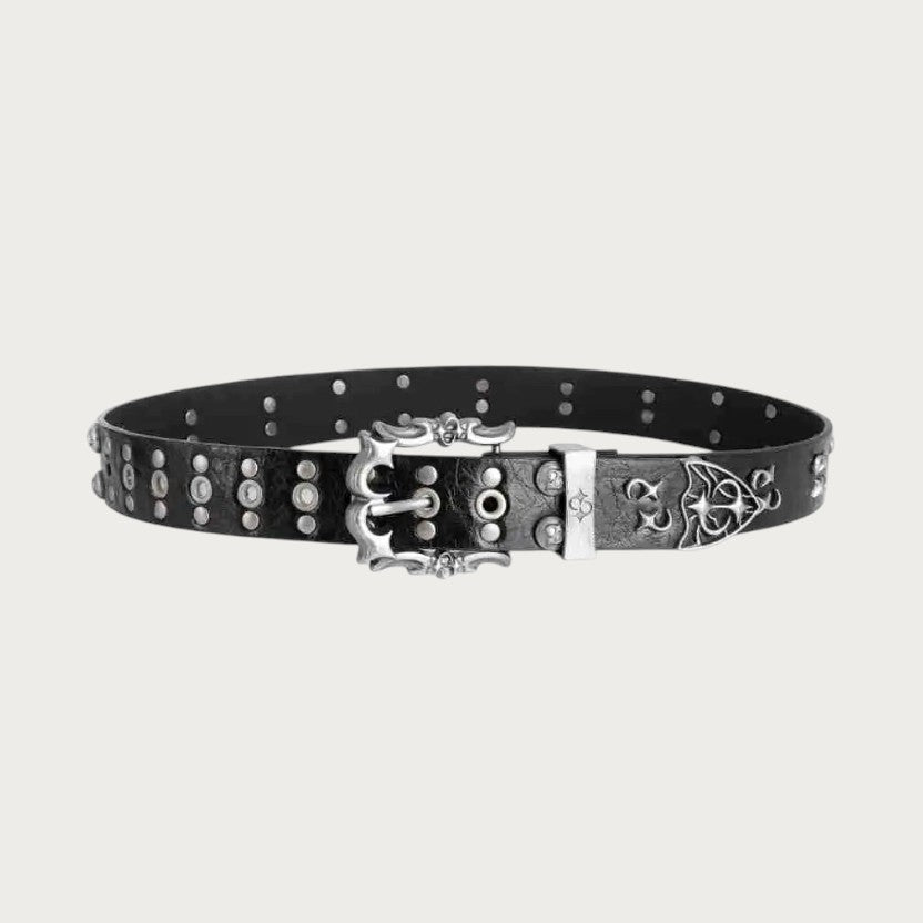 Ceinture Ceintura Imola noire style grunge en similicuir craquelé avec double rang d'œillets et boucle flamme argentée
