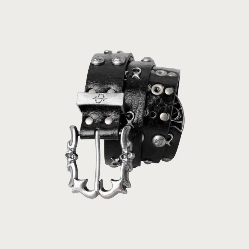 Ceinture Ceintura Imola noire en similicuir grunge avec œillets métalliques, rivets et boucle argentée en forme flamme