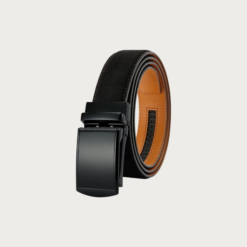 Ceinture Ceintura Cuneo noire en similicuir enroulée, boucle automatique noire et doublure caramel