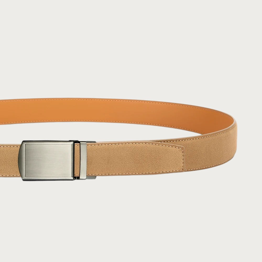 Ceinture Ceintura Cuneo beige tendue en diagonale, tranche orangée et boucle automatique argentée brossée