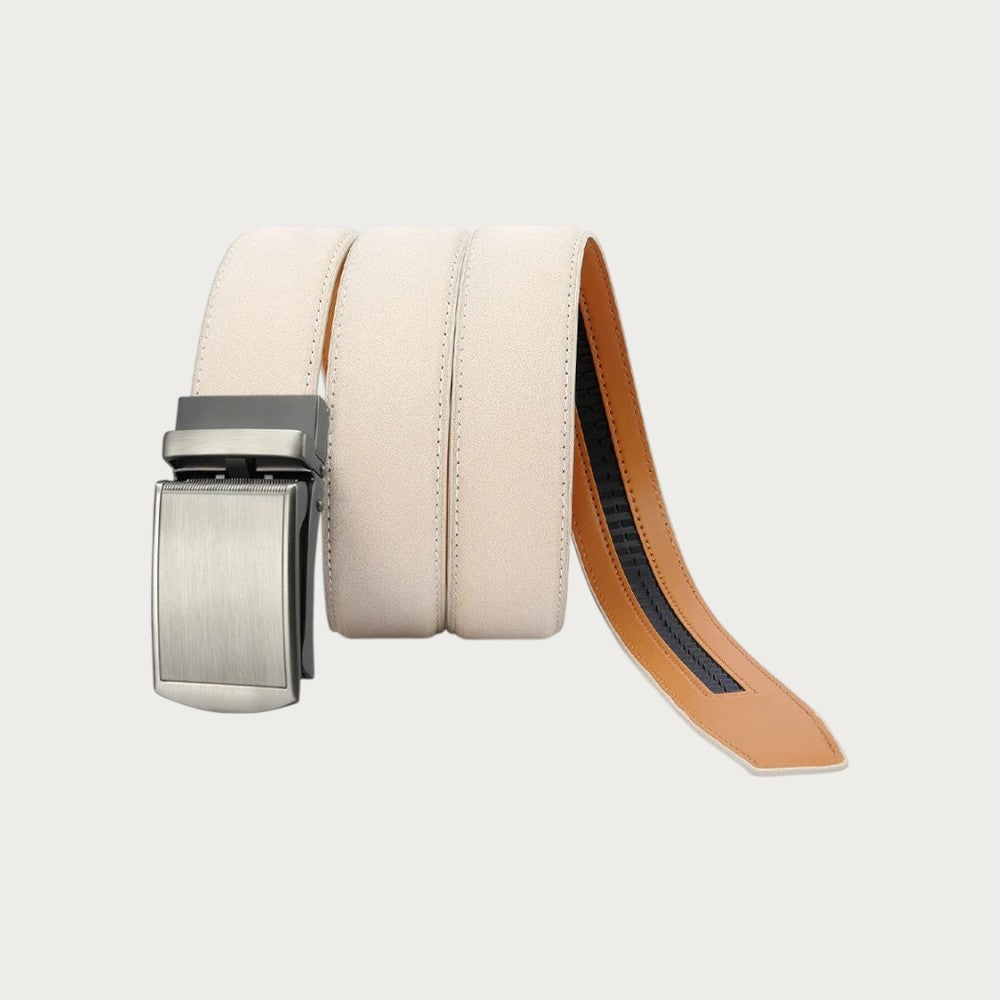 Ceinture homme Ceintura Cuneo beige en similicuir avec boucle automatique rectangulaire en métal argenté brossé