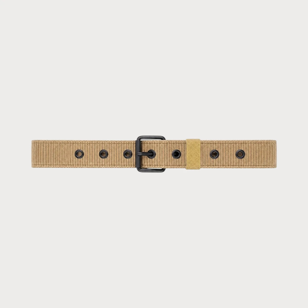 Ceinture Ceintura en polyester beige déployée à plat, boucle ardillon noire et œillets métalliques