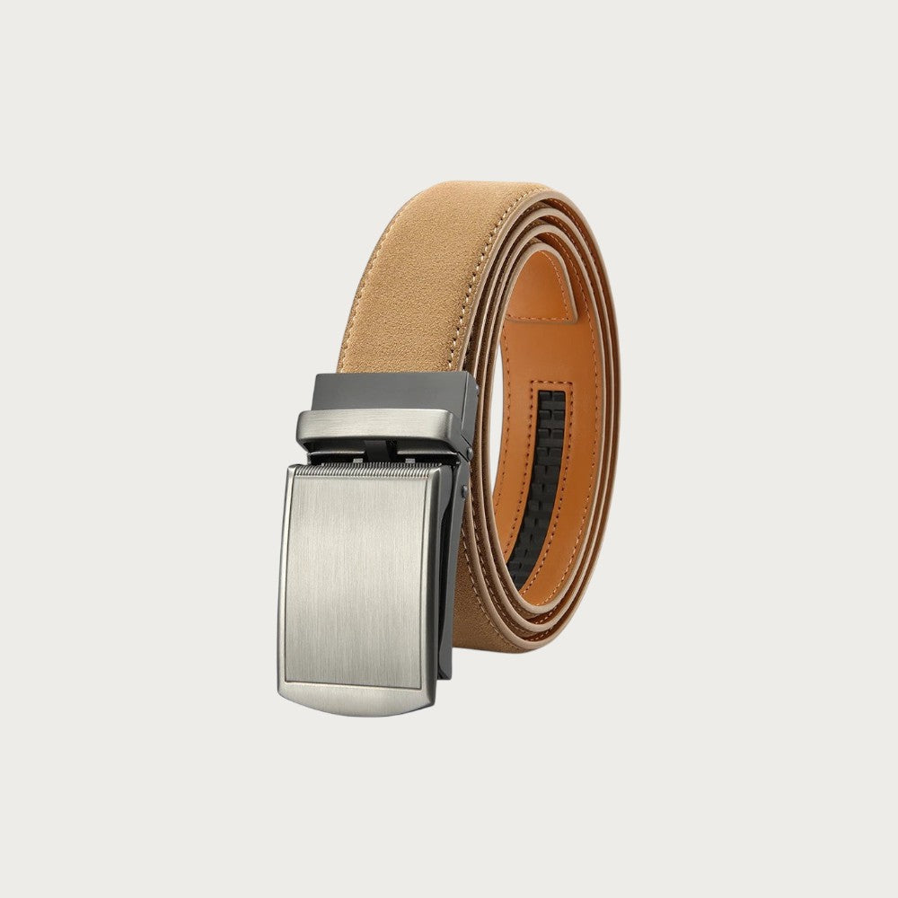 Ceinture Ceintura Cuneo beige enroulée, boucle automatique argentée brossée et doublure caramel apparente