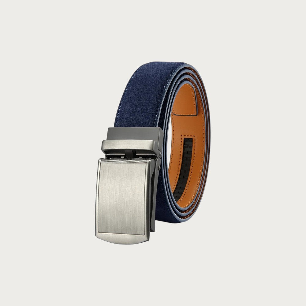 Ceinture Ceintura Cuneo pour homme en similicuir bleu marine avec boucle automatique rectangulaire en métal argenté
