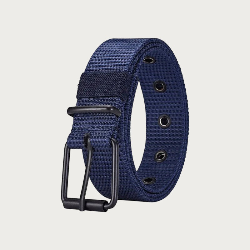 Ceinture homme Ceintura bleu marine en polyester avec boucle ardillon noire et œillets métalliques style décontracté