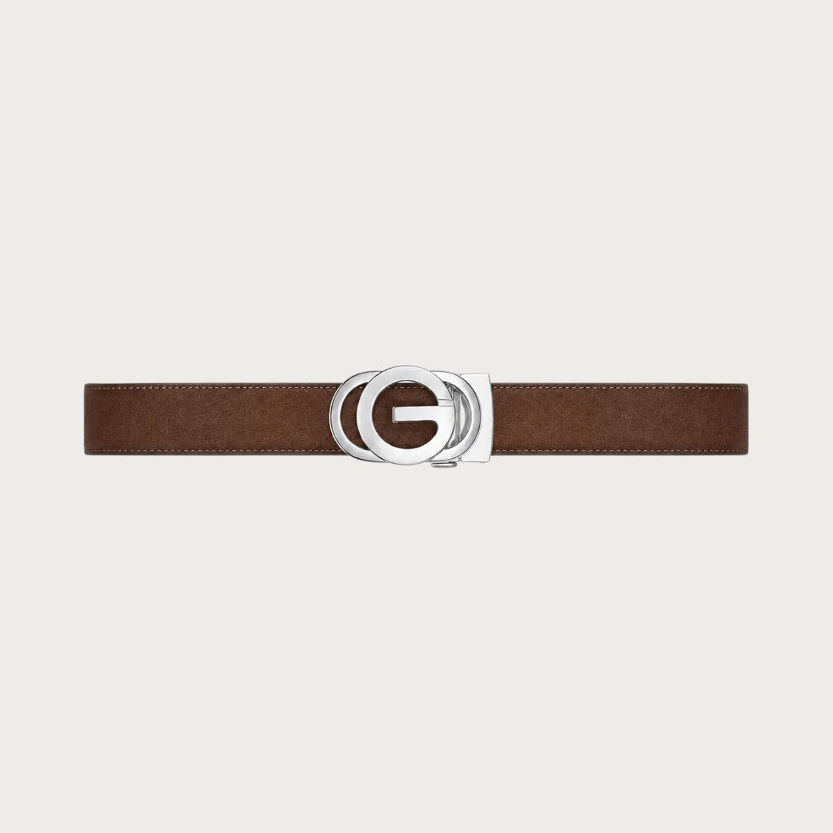 Ceinture Ceintura Trapani marron déployée à plat, boucle automatique ajourée à anneaux entrelacés