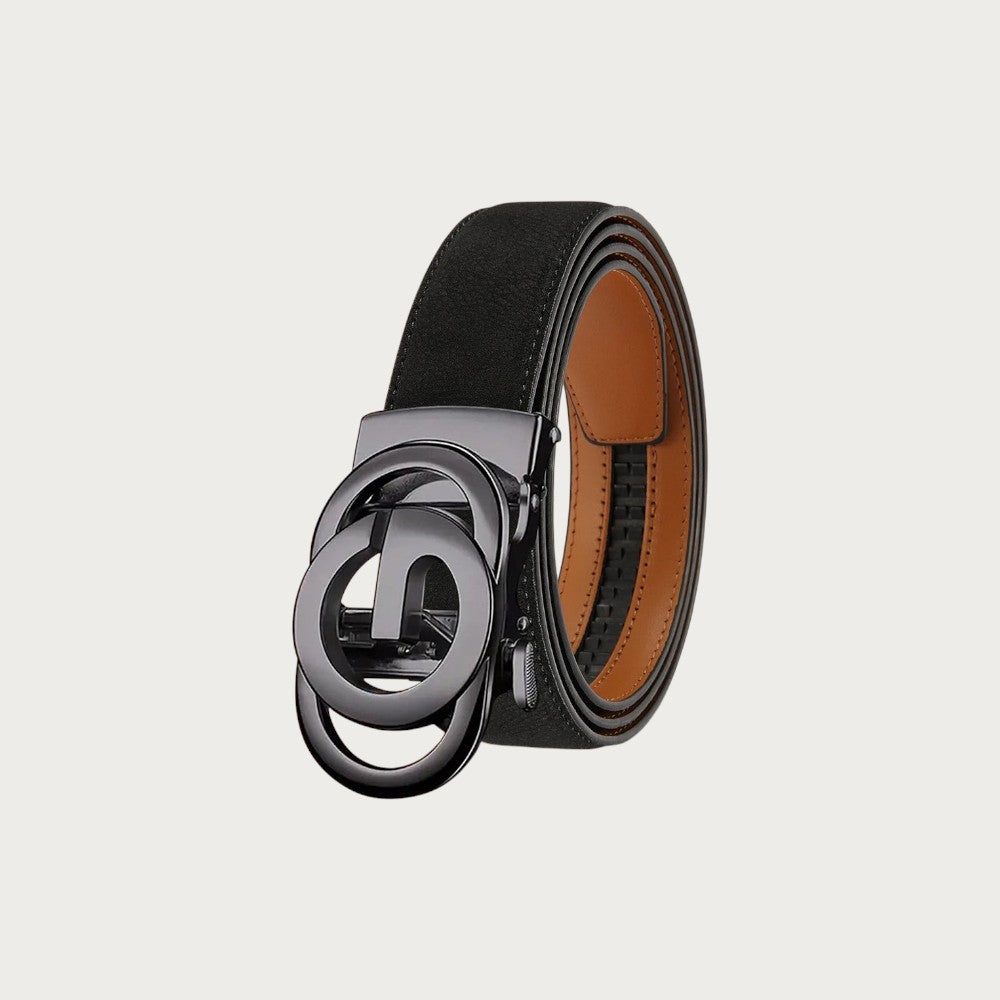 Ceinture homme Ceintura Trapani en similicuir noir avec boucle automatique ajourée à anneaux entrelacés et doublure caramel