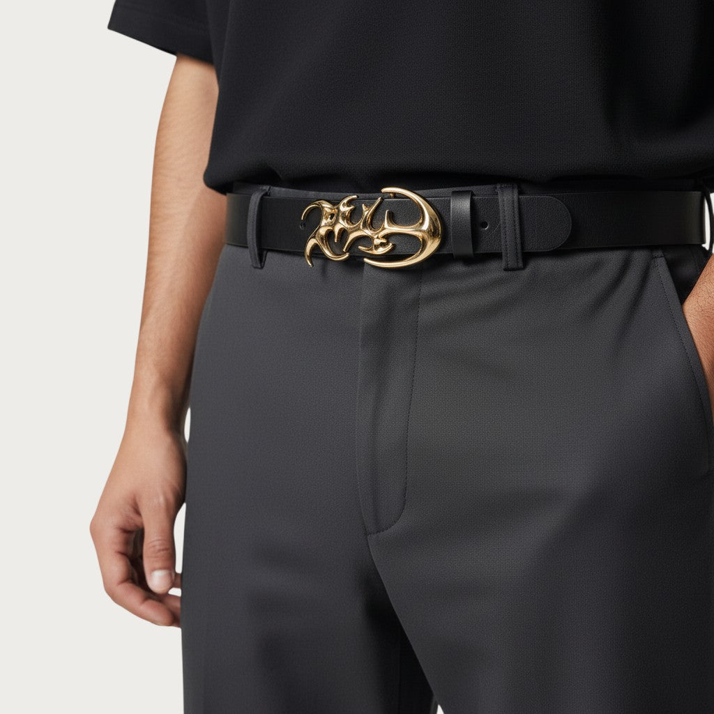 Ceinture homme Ceintura en similicuir noir avec boucle gothique dorée en forme de flammes tribales style Y2K
