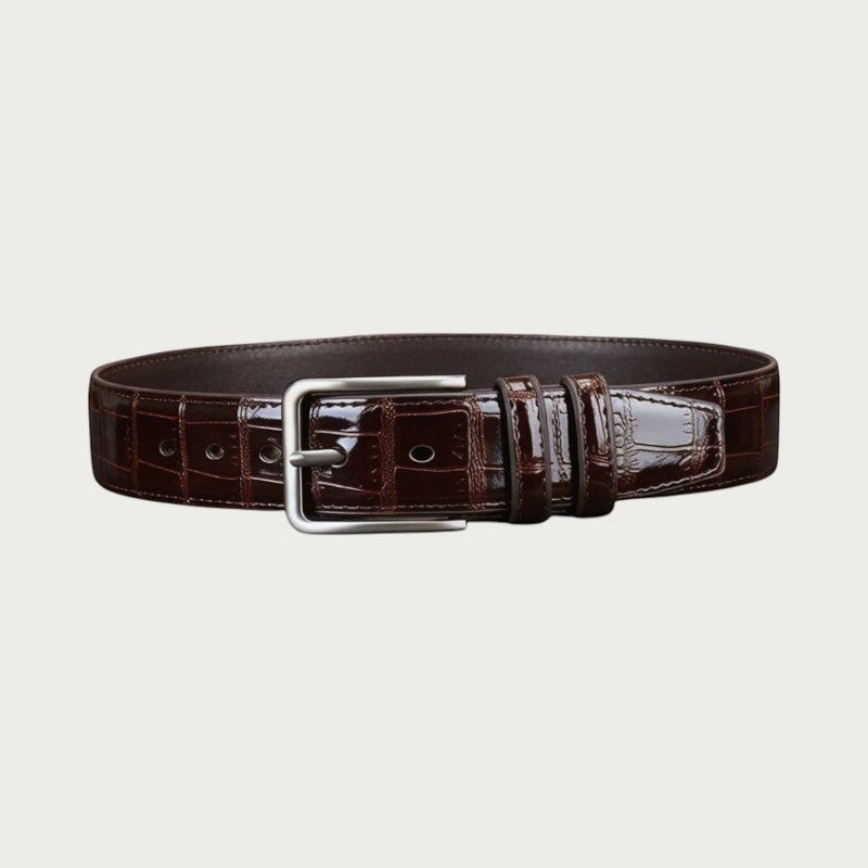 Ceinture habillée Ceintura Benevento pour homme en similicuir marron café avec motif crocodile et boucle argentée