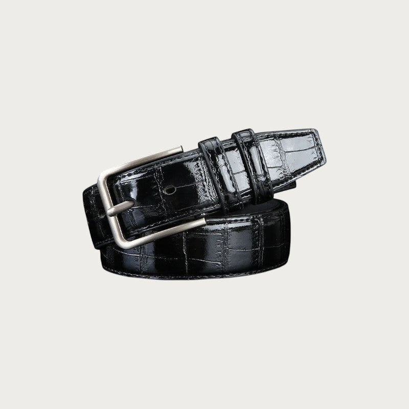 Ceinture habillée Ceintura Benevento noire pour homme en similicuir avec motif crocodile et boucle ardillon argentée